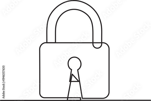 Padlock continuous one-line drawing, minimalist key lock security concept art.