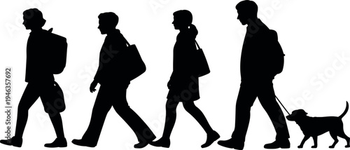 People walking with bags and dog silhouette vector, group of pedestrians in motion for urban city design