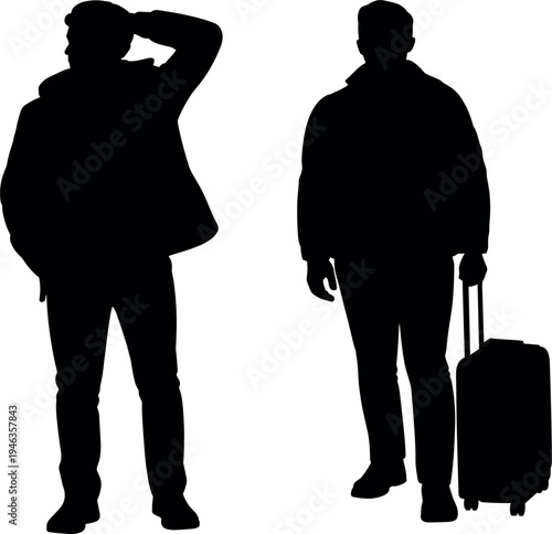 Man traveler silhouette vector, set of male tourists with suitcase and backpack for travel and vacation design