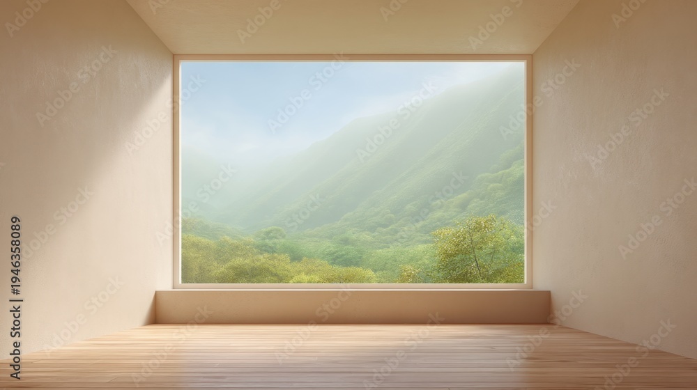 Fototapeta premium Serene Interior Space with Large Window Overlooking Misty Mountain Landscape and Lush Green Forest Scene