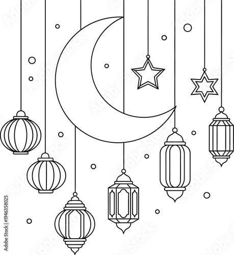 Minimalist outline art featuring a crescent moon, two hanging stars, and various decorative lanterns perfect for Islamic holiday greetings or celebrations.