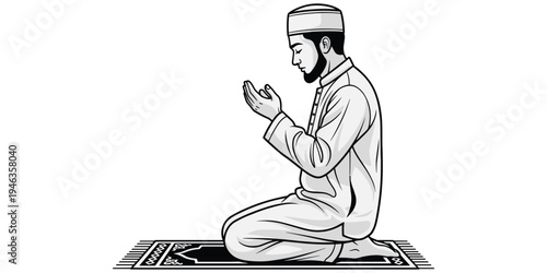 Islamic prayer illustration, black white design, spiritual devotion motif artwork, religious practice symbol, faith decorative motif, cultural worship artwork, flat vector drawing