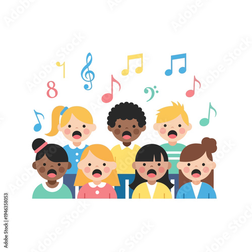 Diverse children choir singing happily with musical notes, illustration