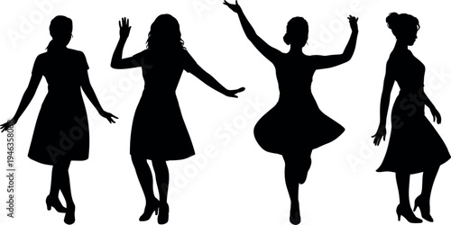 Dancing woman silhouette vector, collection of happy female figures in dresses for party and celebration designDa
