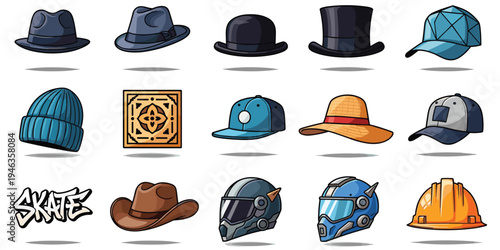 Headwear illustration set, hat helmet design, fedora bowler top cap motif artwork, cowboy construction symbol, fashion decorative motif, flat vector drawing