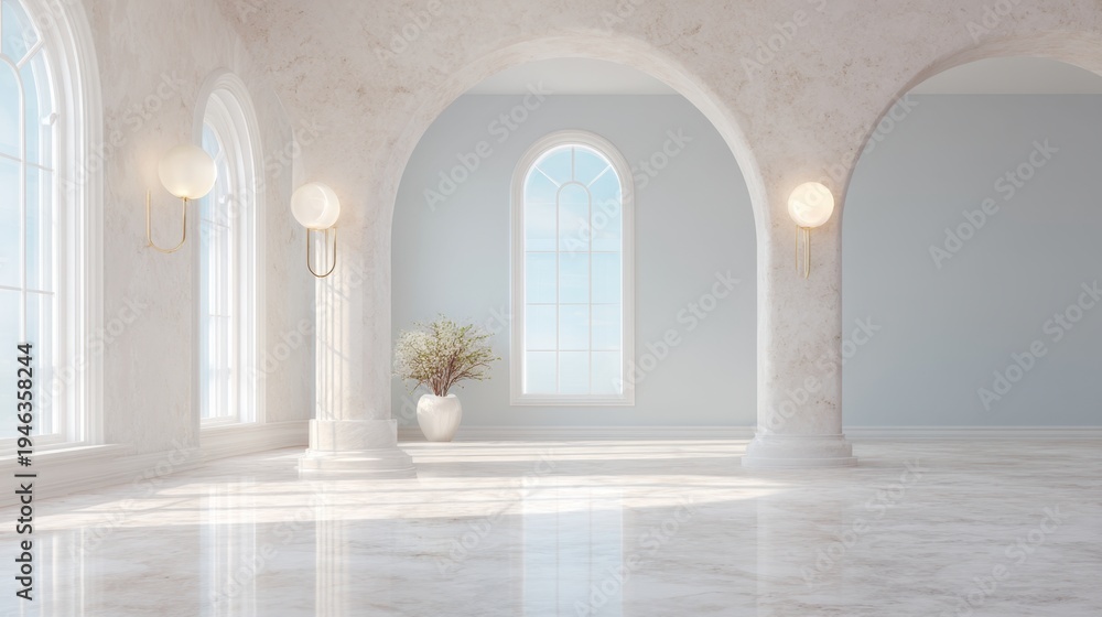 Naklejka premium Bright and Spacious Interior Design with Elegant Arches and Large Windows in Modern Minimalist Style