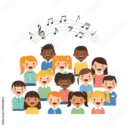 Diverse children singing together in choir with musical notes