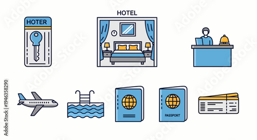 Hotel and travel themed flat line icons are cleanly arranged on a white background, representing various aspects of hospitality and global journeys.