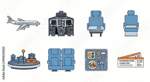 A comprehensive collection of detailed illustrations depicting essential elements and experiences associated with modern air travel and aviation, presented on a clean white background.