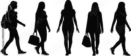 Collection of female silhouettes walking in casual attire with handbags and backpacks, showcasing diverse postures, movement styles, and lifestyle fashion illustration for design purposes.