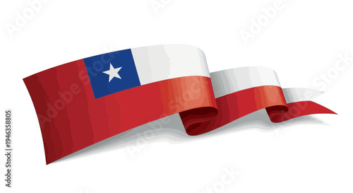 Chilean Flag Waving Ribbon with Star on White Background