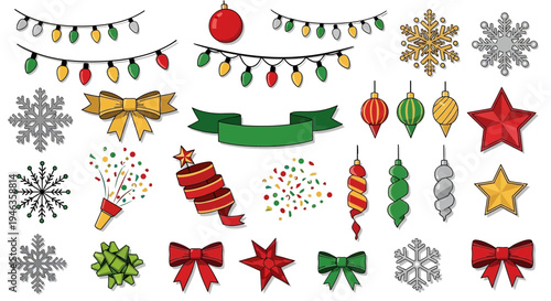 Christmas Decorations and Elements Collection: Lights, Baubles, Snowflakes, Ribbons