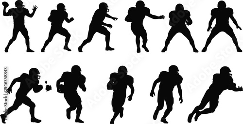 Silhouettes of ten American football players in dynamic action poses including running, throwing, catching, and tackling, symbolizing athletic strength, teamwork, competition, and sports energy