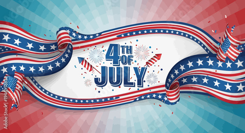 4th of July Celebration Banner with American Flag Ribbons and Fireworks