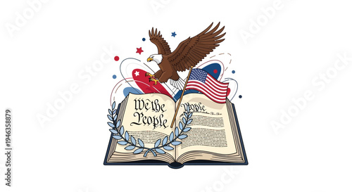 American Eagle Over Constitution Book with US Flag and Stars