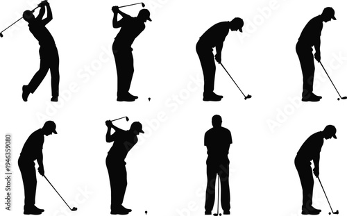 Collection of golfer silhouettes demonstrating full swing progression from stance to follow‑through, symbolizing sports technique, training, motion analysis, and lifestyle recreation illustration.