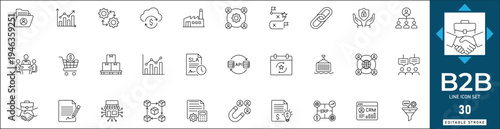 B2b line icon set featuring partnership, wholesale, commerce, trade, corporate, contract, and global. Professional editable vector illustration.