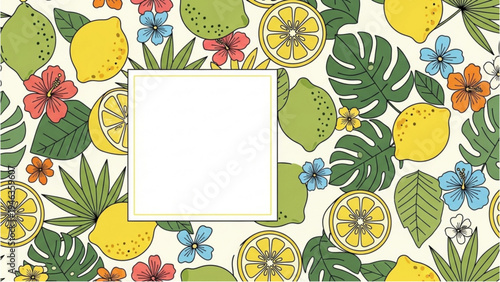 Vibrant tropical fruit and floral arrangement in a decorative frame on a table