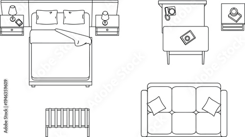 Bedroom and living room furniture line art set with bed sofa nightstands table lamp and interior decor outline illustration for modern home layout design