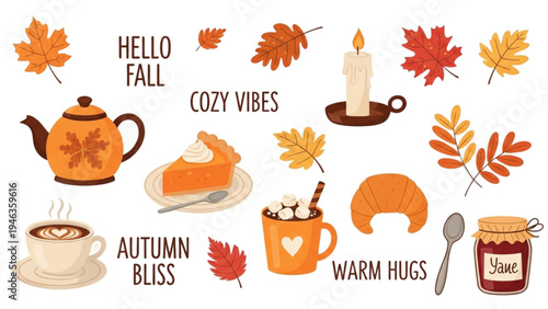 Cozy autumn scene with tea, pie, and warm beverages on a table indoors.