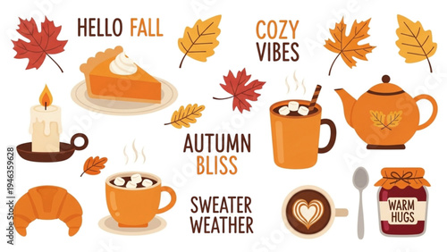 Cozy autumn scene with pumpkin pie, tea, and maple leaves indoors.