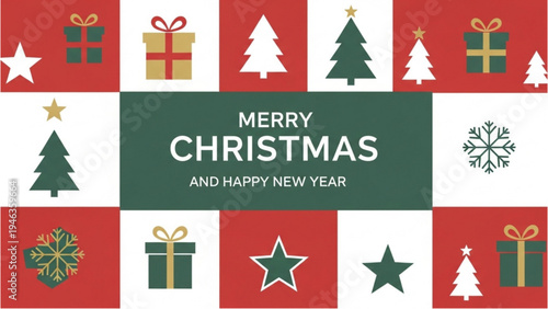 Merry Christmas card with festive decorations and gifts on red background