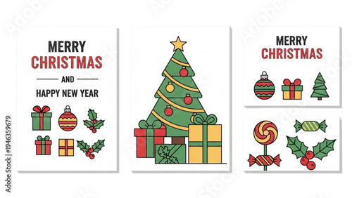 A Christmas tree decorated with ornaments stands among gifts and candy canes on a holiday card with presents and sweet treats