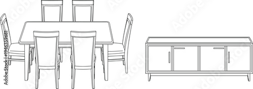 Dining room furniture line art set with table chairs and storage cabinet interior outline illustration for home dining area design and modern furniture layout planning
