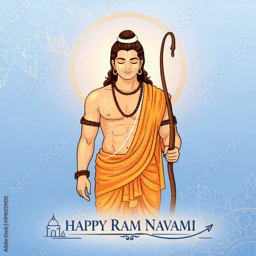 Meditative Lord Rama spiritual portrait with bow Ram Navami devotional design