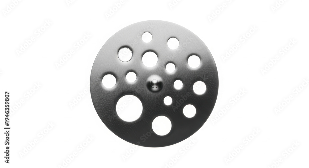 Obraz premium Metal measuring disk with various sized holes isolated on white background, showcasing precision engineering and industrial design