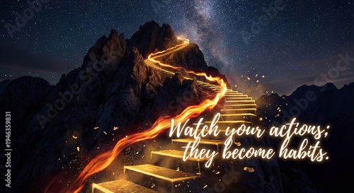 A glowing golden staircase magically forming into a dark mountain peak, featuring a quote about actions becoming the habits that build your path.