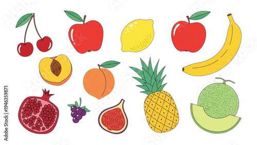 A vibrant illustration of various fruits on display
