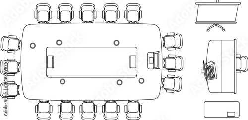 Modern conference room top view floor plan with meeting table office chairs presentation board and workstation layout architectural interior design blueprint for corporate workspace planning