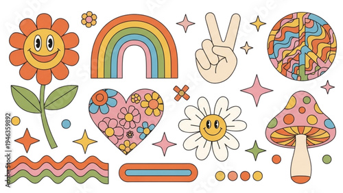 Vibrant stickers of flowers, hearts, and mushrooms with peace signs float in colorful patterns.