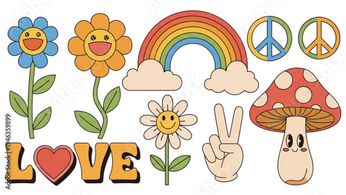 Vibrant peace sign and love themed stickers with flowers and rainbow appear
