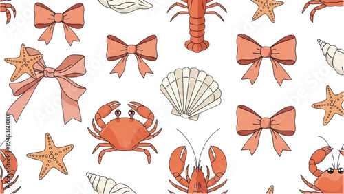 The illustration shows various sea creatures and bows on white