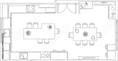 Restaurant dining area floor plan top view with tables chairs kitchen counter and service layout architectural interior design blueprint for cafe or restaurant planning