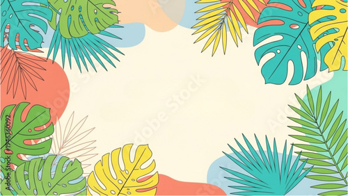 Colorful tropical leaves arrangement on a cream background illustration