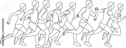 continuous, line, drawing, group, runners, marathon, running, athletes, jogging, sport, fitness, endurance, training, competition, people, motion, active, lifestyle, exercise, illustration