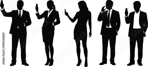 Collection of professional silhouettes in business attire using smartphones, symbolizing modern communication, corporate lifestyle, n.