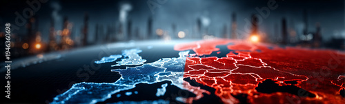 Global Divide: A stark visualization of conflict or disparity. The image presents a split view of a geographical area, possibly a continent or region, rendered in opposing colors.