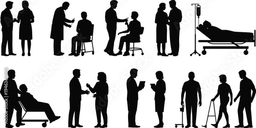 Doctor and patient silhouettes collection, hospital medical staff and healthcare treatment poses set, medicine vector icons, clinic silhouette illustration