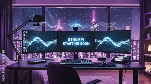 Stream starting soon screen 3 monitor, overlay loop, animated virtual backgrounds, anime style gaming room view. vtuber asset twitch zoom OBS. 4K Video
