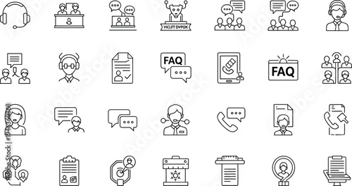 Customer support and help desk line icons set with headset operator chatbot FAQ communication service assistance and contact center outline vector illustration collection