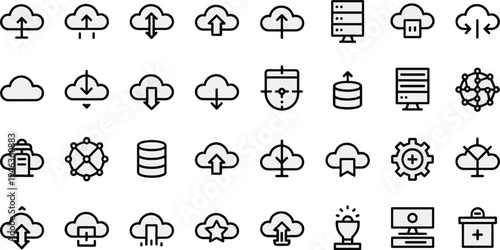 Cloud computing and data storage line icons set with upload download server database backup sync and network technology outline vector illustration collection