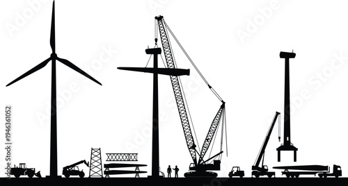 Wind turbine installation silhouettes with cranes and heavy machinery, renewable energy construction site, industrial wind power engineering project illustration