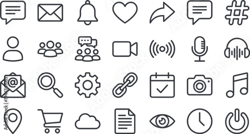 Social media and communication line icons set with message email notification video microphone hashtag share cloud and user interface outline vector illustration