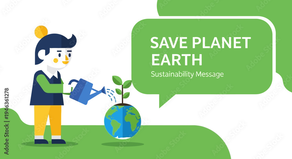 Fototapeta premium Flat Vector Illustration of a Person Caring for Planet Earth by Watering the Globe