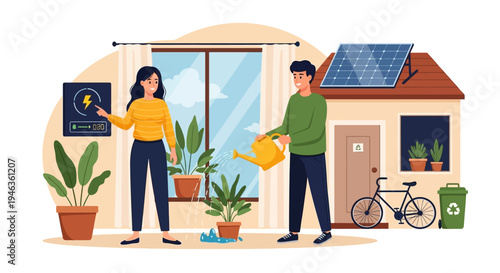 Young Couple Managing Energy Efficient Smart Home with Solar Panels and Digital Power Monitor