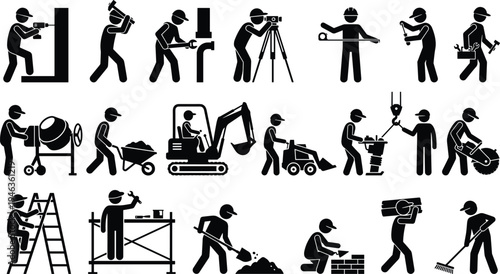 Construction worker silhouettes set with heavy equipment, builders drilling, bricklaying, excavator operation and scaffolding work, industrial labor icons isolated